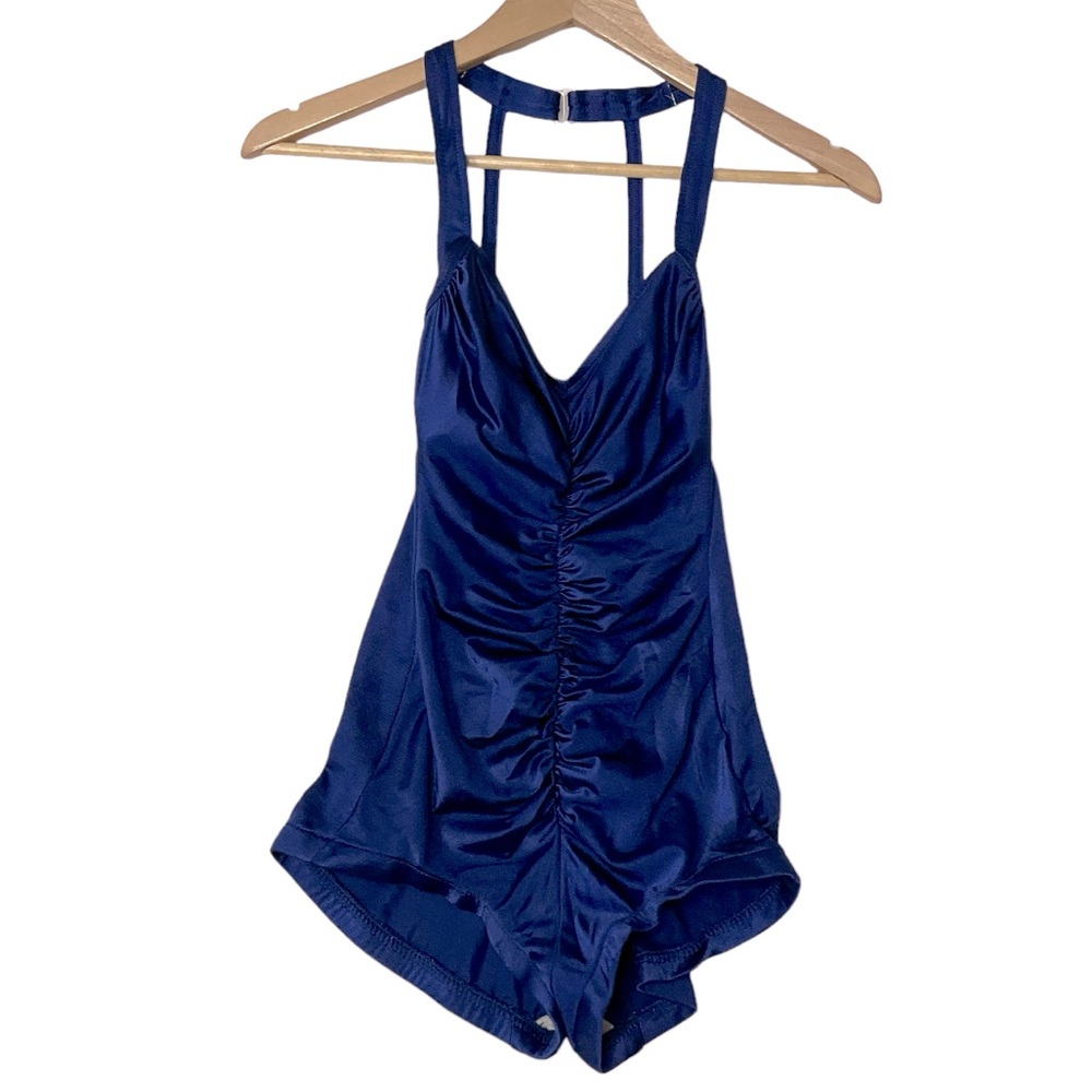VINTAGE BATHING SUIT sz 11/12 Juniors One Piece Shirred Front Halter Neck Blue